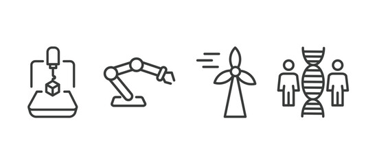 set of automation and high thin line icons. automation and high outline icons included 3d printer, robot arm, eolic energy, cloning vector.