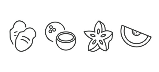 set of vegetables and fruits thin line icons. vegetables and fruits outline icons included tuber, coconut, star fruit, melon vector.