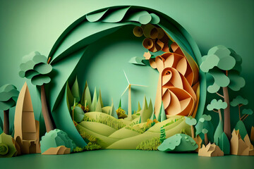 3D paper landscape world earth concept from environment illustration, Eco friendly,  Living. Green energy. Generative ai