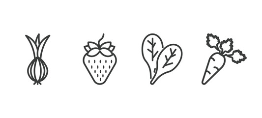 set of vegetables and fruits thin line icons. vegetables and fruits outline icons included onion, strawberry, spinach, carrot vector.