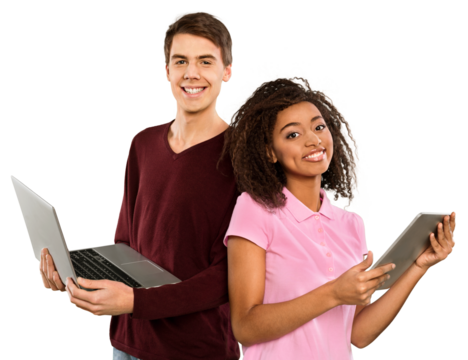 Cute male and female teenagers with computer tablet and laptop isolated on white - Powered by Adobe