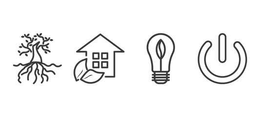 set of ecology thin line icons. ecology outline icons included tree and roots, eco house, eco light, green power vector.