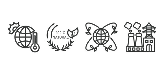 set of ecology thin line icons. ecology outline icons included warming, 100 % natural badge, awareness, power plant vector.