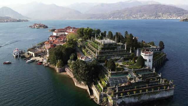 Italy - Drone aerial  view of Isola Madre, Isola Bella e Isola dei Pescatori,  the three Borromeo Islands in Stresa Arona Lake Maggiore - Amazing garden and palace - tourist attraction destination 