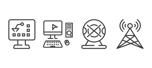 set of computer and tech thin line icons. computer and tech outline icons included industrial, full computer, webcam disconnected, telecommunications vector.