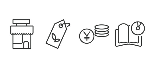 set of commerce and marketing thin line icons. commerce and marketing outline icons included shop store, eco label, yens coins stack, vector.