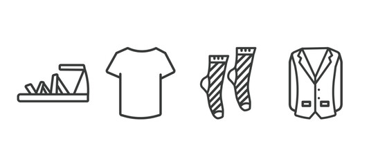 set of clothes and outfit thin line icons. clothes and outfit outline icons included gladiator sandal, cotton polo shirt, men socks, oxford wave blazer vector.