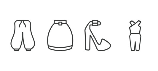 set of clothes and outfit thin line icons. clothes and outfit outline icons included harem pants, circle skirt, platform sandals, jumpsuit vector.