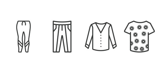 set of clothes and outfit thin line icons. clothes and outfit outline icons included leggins, oxford wave suit pants, cotton cardigan, t shirt with de vector.