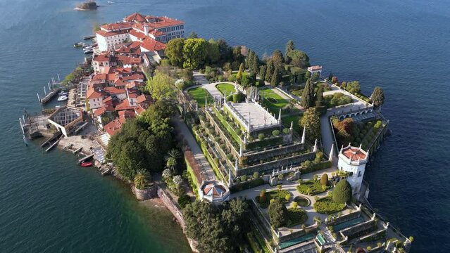 Italy - Drone aerial  view of Isola Madre, Isola Bella e Isola dei Pescatori,  the three Borromeo Islands in Stresa Arona Lake Maggiore - Amazing garden and palace - tourist attraction destination 