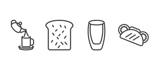 set of restaurant thin line icons. restaurant outline icons included pouring coffe, toasted bread, wide glass, pita bread vector.
