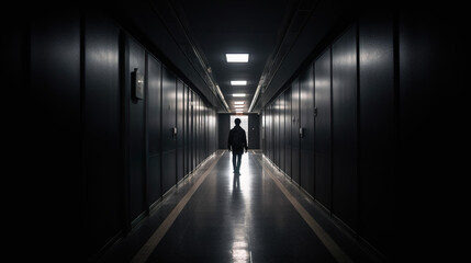 Fototapeta na wymiar An intriguing photograph of a person standing at the end of a long hallway. Generative AI