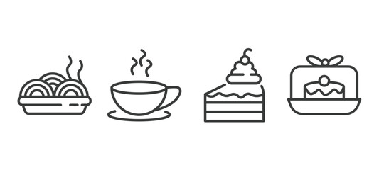 set of restaurant thin line icons. restaurant outline icons included plate of spaghetti, breakfast cup, cake piece with cream, cake box vector.