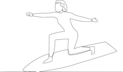 A woman enjoys surfing in the sea. Surfing one-line drawing