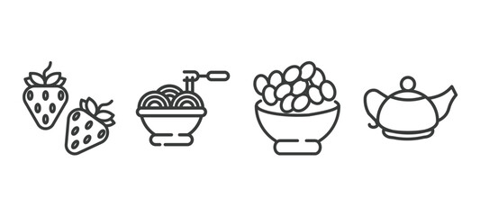 set of restaurant thin line icons. restaurant outline icons included strawberry drawing, spaghetti bolognese, bowl of olives, vintage teapot vector.