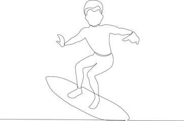 A boy surfing on the beach. Surfing one-line drawing
