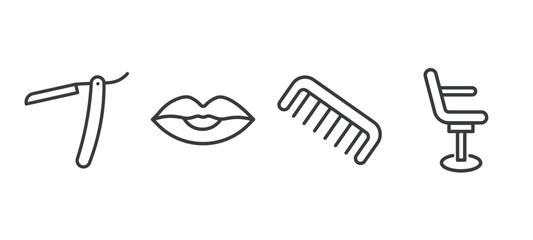 set of beauty and elegance thin line icons. beauty and elegance outline icons included straight razor, woman lips, comb, beauty salon chair vector.