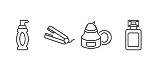 set of beauty and elegance thin line icons. beauty and elegance outline icons included face cleanser, hair straightener, moisturizer, french perfume vector.