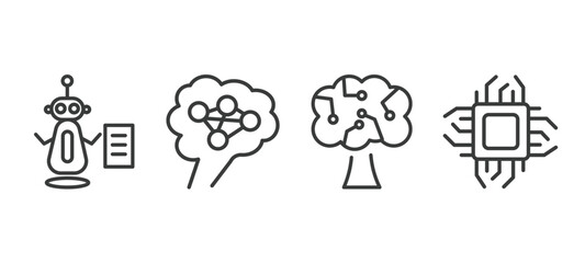 set of ai and future technology thin line icons. ai and future technology outline icons included laws of robotics, ai brain, technology tree, chip vector.