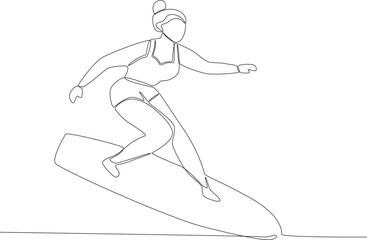 A woman surfing with passion. Surfing one-line drawing