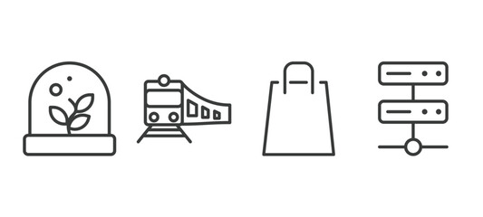 set of ai and future technology thin line icons. ai and future technology outline icons included artificial atmosphere, train, shopping bag, servers vector.