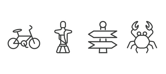 set of travel and trip thin line icons. travel and trip outline icons included bike, christ, , crab vector.