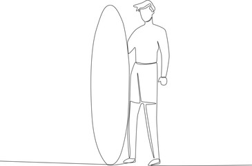 A man looking at the waves before surfing. Surfing one-line drawing