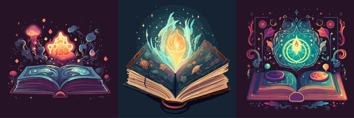 Enchanted magical Book, 2d flat color, vector illustration