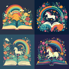 Enchanted Book from which flowers, rainbows, and unicorns come out, 2d flat color, vector illustration