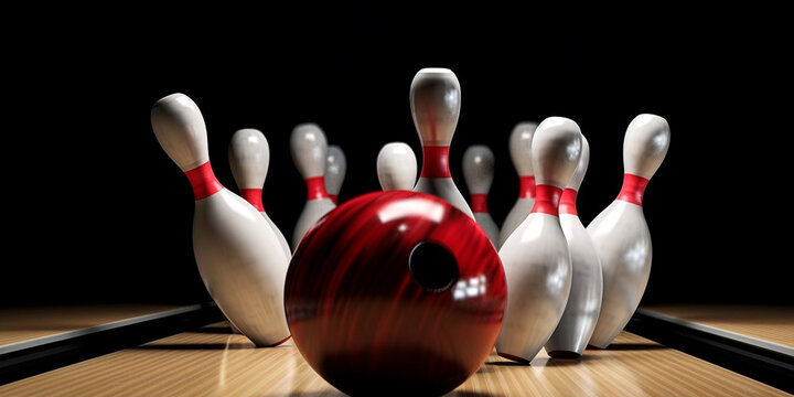 Bowlingkugel trifft weiße Pins, generative AI