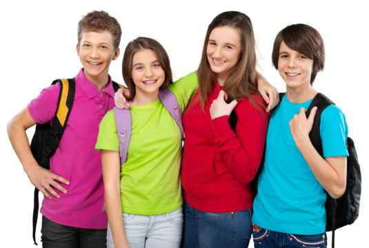 Friendly school children with backpacks on background