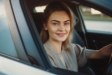 Beautiful businesswoman driving the car. Generative AI