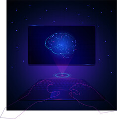 Laptop with artificial intelligence of the brain on the screen. Vector technology illustration