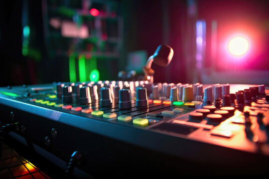 Close up view of sound mixer with microphone in nightclub with backlit. Generative AI