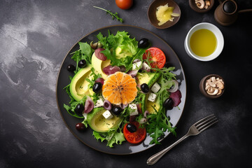 Avocado, oranges, olives, onions salad, top view, copy space. Generative AI