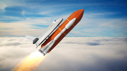 Naklejka na ściany i meble Space shuttle on the rocket moving above the clouds. 3D illustration