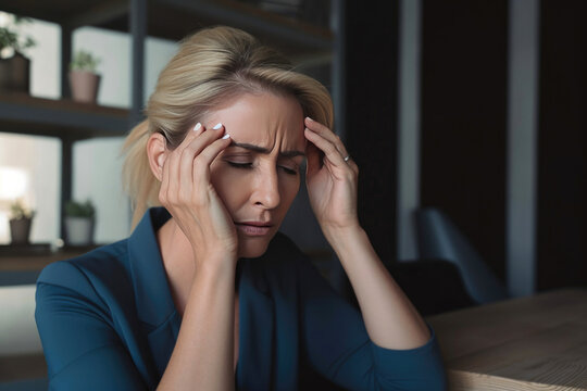 Exhausted businesswoman having a headache in modern office. Generative AI