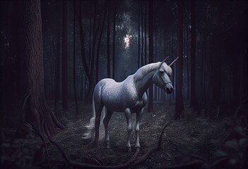 Naklejka na ściany i meble Unicorn in a Moonlit Forest Glade. Generative AI