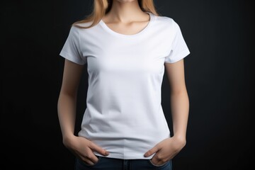 Woman in white t-shirt mock-up. Generative AI.