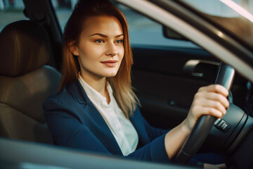 Fototapeta na wymiar Attractive smiling businesswoman driving car. Generative AI