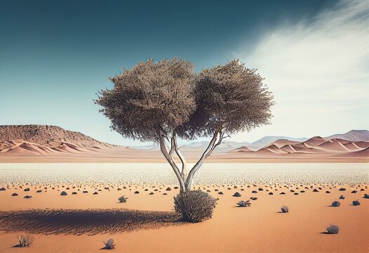 Tree in the distance with clean empty conceptual landscape divided between nature and desert. Generative AI