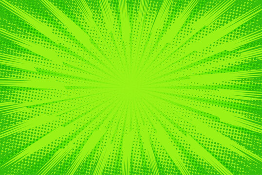 Comic background. Pop art texture. Starburst cartoon style. Anime design with explosion effect for print. Fun dot pattern. Green backdrop with halftone gradient. Funny line frame. Vector illustration