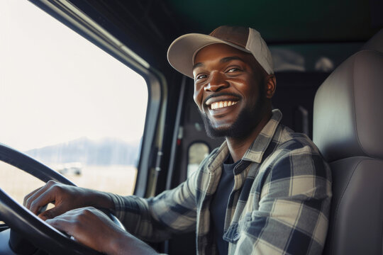 Happy African American driving delivery men in truck. Generative AI