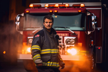 Firefighter with uniform stand in front of fire truck. Generative AI