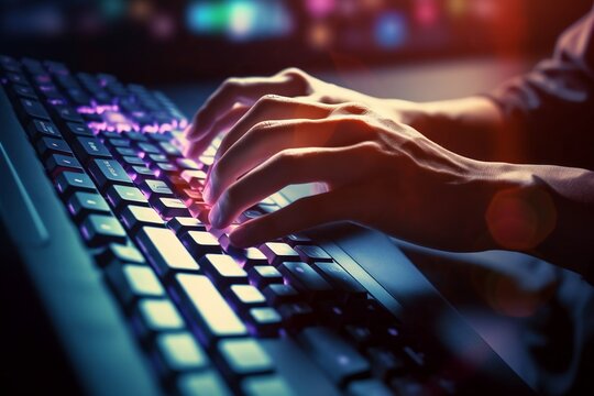 Manos escribiendo en teclado futurista, tecleando, manos programando con laptop, Generative AI