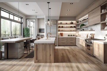 Fototapeta na wymiar Interior of kitchen with modern oven | modern Nordic kitchen in loft apartment. 3D rendering | Modern Contemporary kitchen room interior .white and wood material 3d render, Generative AI