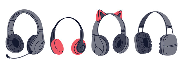 Wireless headphones. Music listening audio equipment, electronic music devices flat cartoon vector Illustration set © GreenSkyStudio