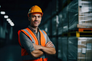 Smiling worker in helmet and safety vest with crossed arms in warehouse. Generative AI