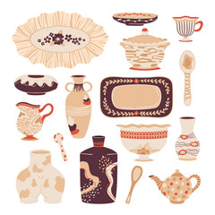 Ceramic pottery. Decorative clay crockery, vases and dishes, ceramic tableware. Hand drawn pottery items flat illustrations set