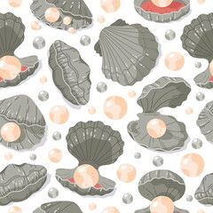 Seashell with pearls seamless pattern. Scallop shells with pearls, open clam sea shellfish. Marine fauna flat vector background illustration
